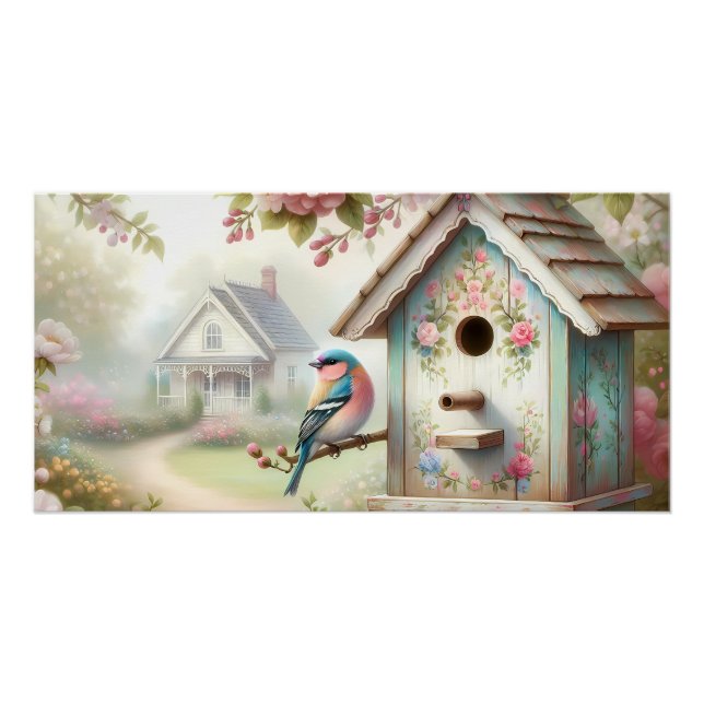 Poster Birdhouse Printemps Avec Fleurs Pastel Et Oiseaux (Devant)