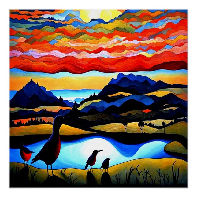 Poster Birds at sunset 1 (Devant)