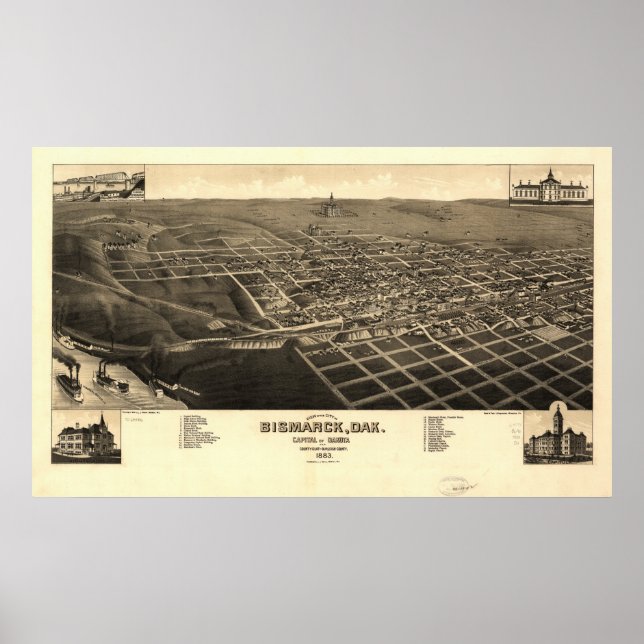 Poster Bismarck North Dakota 1883 Antique Carte panoramiq (Devant)