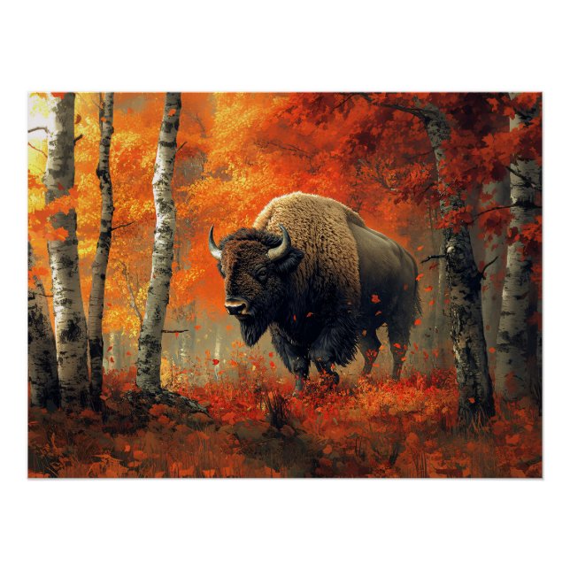 Poster Bison dans l'artisanat boisé d'automne (Devant)