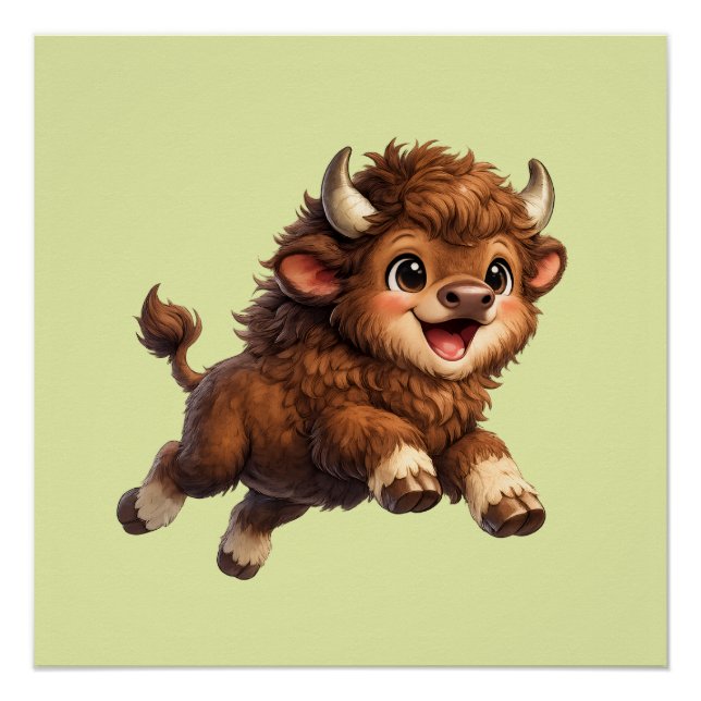 Poster Bison Mignon aux Grands Yeux Cartoon de Faune Heur (Devant)