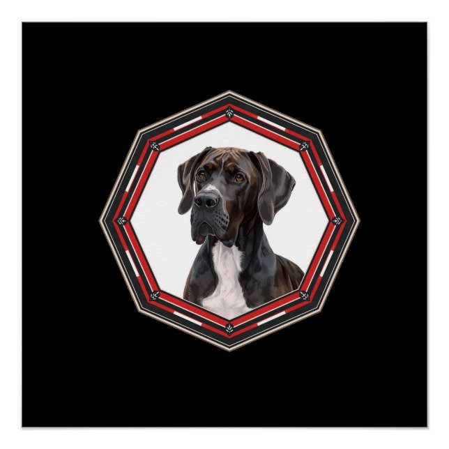 Poster Black And White Great Dane In A Red Frame (Devant)