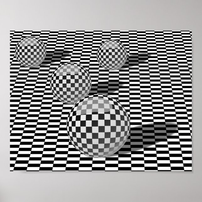 Poster Black and white illustration with balls on a chess (Devant)