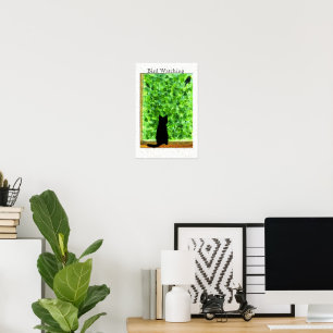 Poster Black Cat Bird Watching Fun Animal Art
