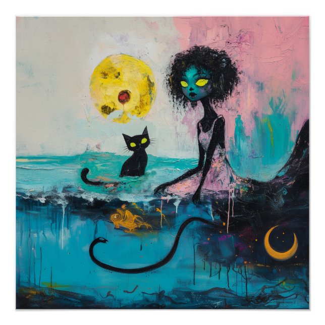 Poster Black Cat Moon Magique Witchy AI Art Matte Value (Devant)