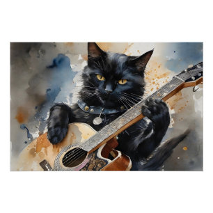 Poster Black Cat Rock Star Jouer Guitare Acoustique