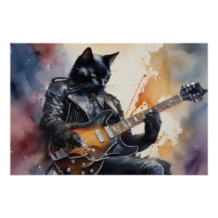 Poster Black Cat Rock Star Jouer Guitare Veste en cuir