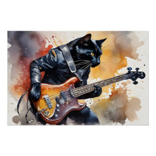 Poster Black Cat Rock Star Veste en cuir Jouer Guitare