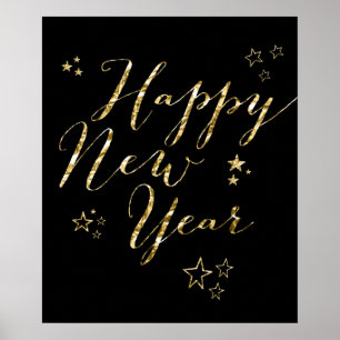 Poster Black Happy New Year Gold Foil Sign Print