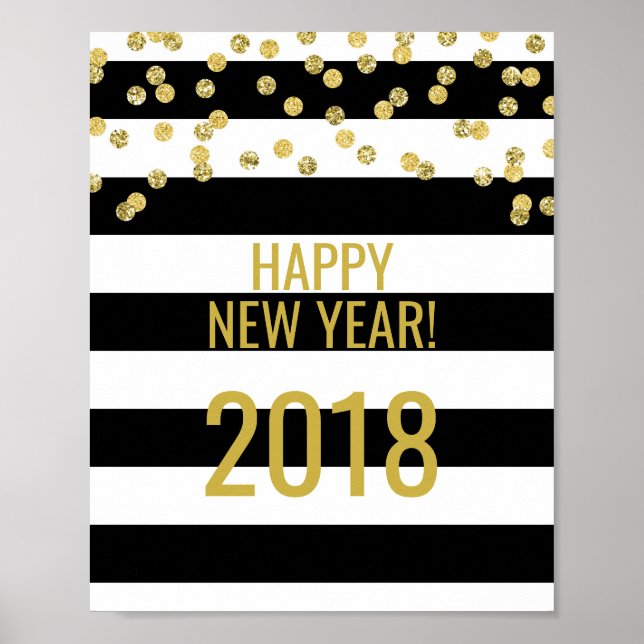 Poster Black Stripes Gold Confetti Bonne année 2018 (Devant)