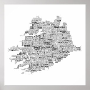 Poster Black Typographical Map of Munster, Ireland