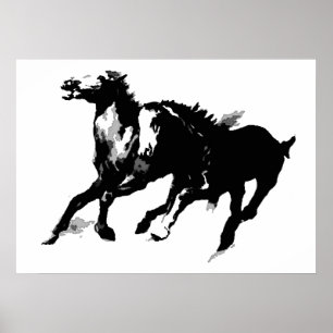 Poster Black White Pop Art Runses Horses Silhouettes
