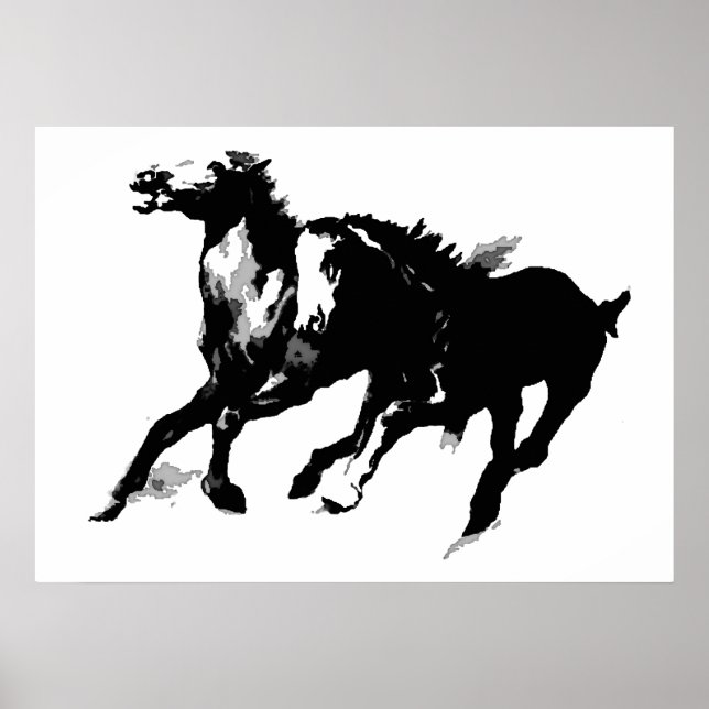 Poster Black White Pop Art Runses Horses Silhouettes (Devant)