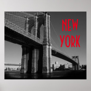 Poster Black White Red Brooklyn Bridge New York City