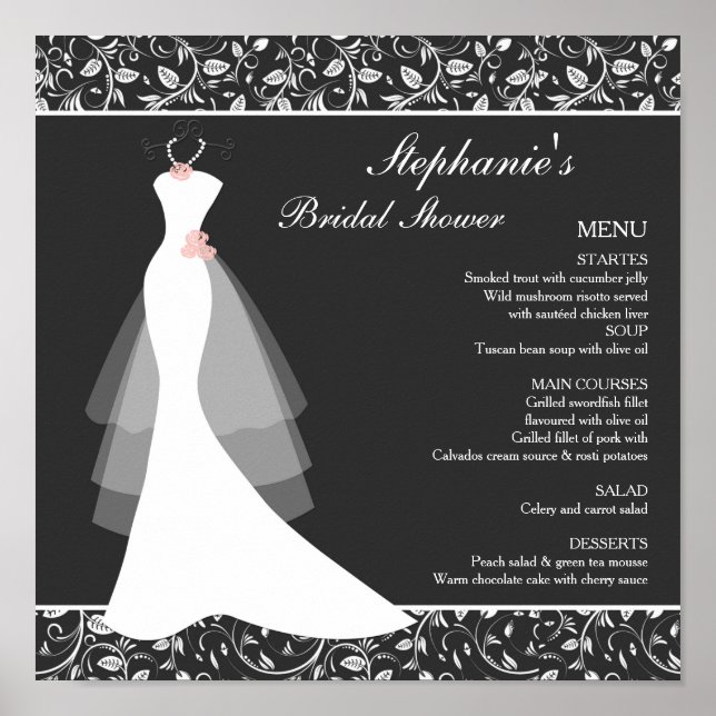 Poster Black white wedding gown, damask Menu (Devant)