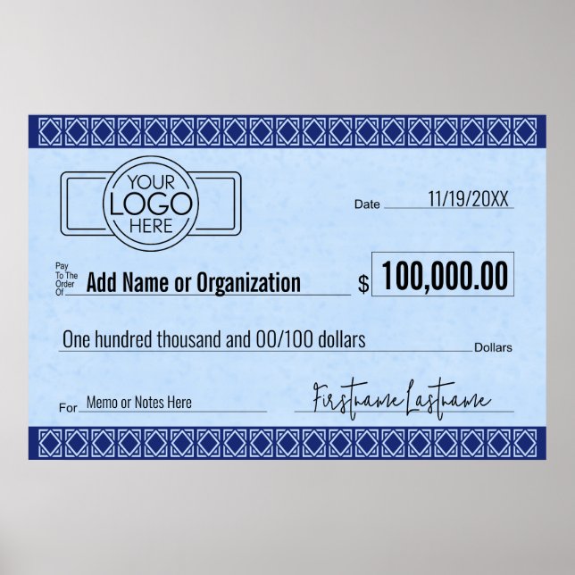 Poster Blank Check for Sweepstakes & Awards BLUE ART DECO (Devant)