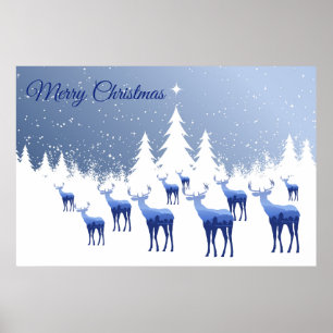 Poster Bleu Cerf hiver Scène-Joyeux Noël