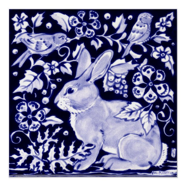 Poster bleu et blanc Rabbit Floral Dedham Indigo (Devant)