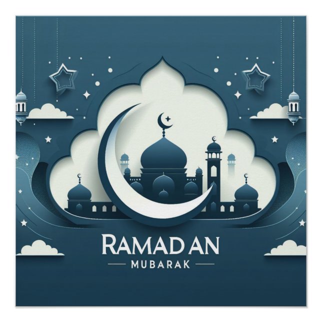 Poster bleu et blanc sur le Ramadan moderne Moubar (Devant)