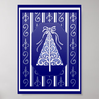 Poster Bleu Foncé Et Blanc Frottis Arbre De Noël