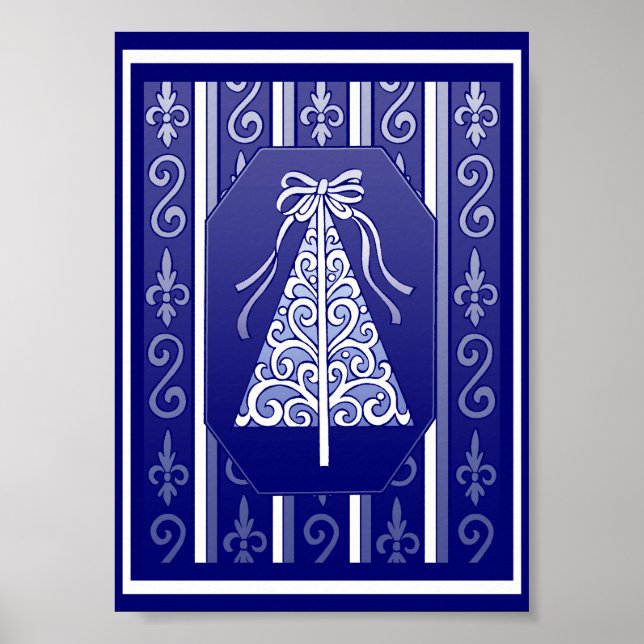 Poster Bleu Foncé Et Blanc Frottis Arbre De Noël (Devant)