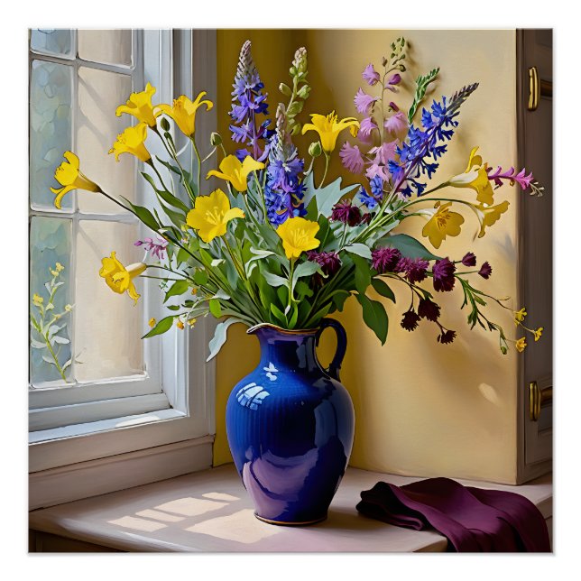 Poster Bleu jaune pourpre fleurit Art (Devant)