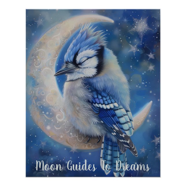 Poster Bleu Jay bébé oiseau dormant sur Lune (Devant)