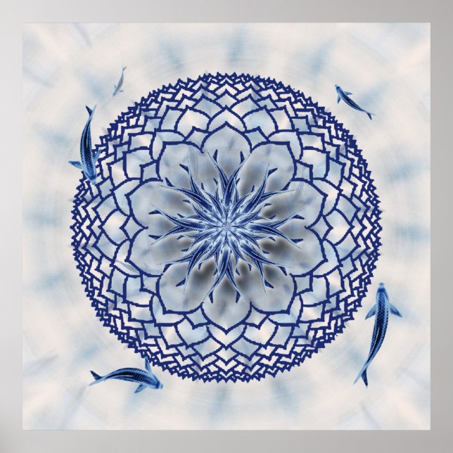 Poster bleu Koi Lotus Mandala (Devant)
