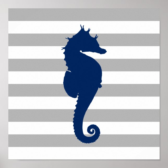 Poster Bleu marine Hippocampe Gris et rayures blanches (Devant)