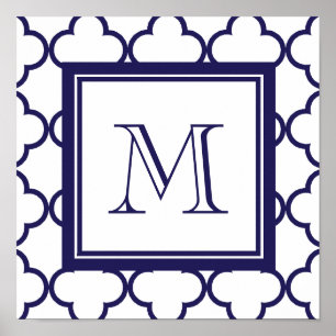 Poster Bleu marine, Quatrefoil blanc   Votre monogramme