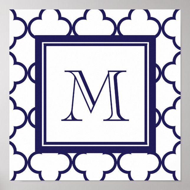 Poster Bleu marine, Quatrefoil blanc | Votre monogramme (Devant)