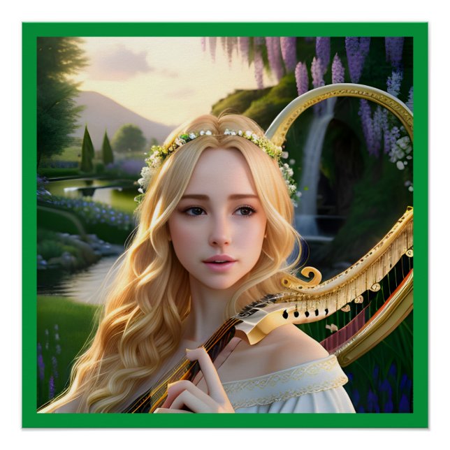 Poster Blonde belle Muse Jouer une harpe (Devant)