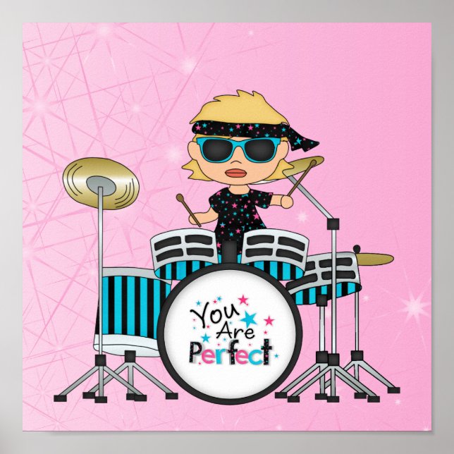 Poster Blonde Drummer Girl avec étoiles sur rose (Devant)