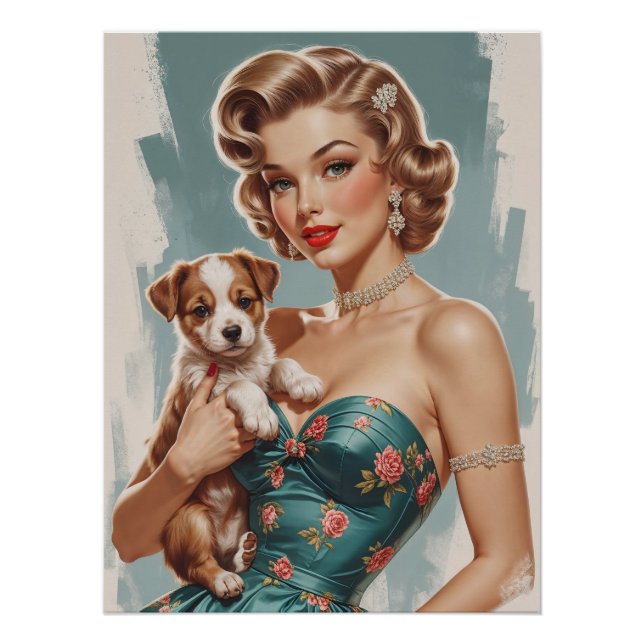 Poster Blonde Pin Up avec mignon chiot (Devant)