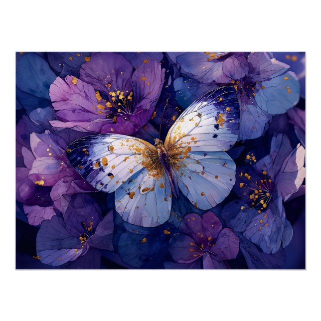 Poster Blue Butterfly on Purple Flowers (Devant)