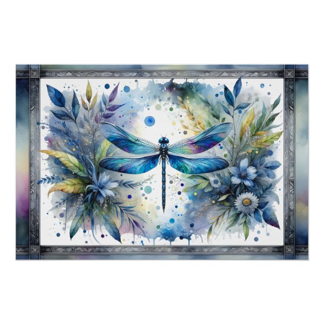 Poster Blue Dragonfly Botanical Watercolor (Devant)