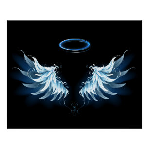 Poster Blue Glowing Angel Wings on black background