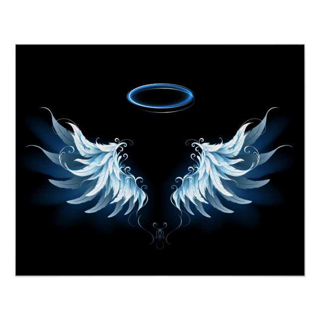 Poster Blue Glowing Angel Wings on black background (Devant)