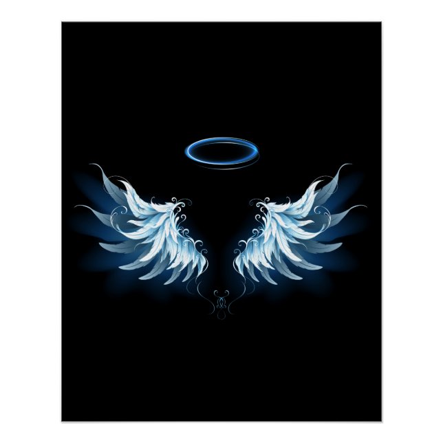Poster Blue Glowing Angel Wings on black background (Devant)