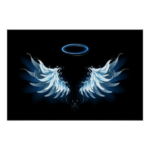 Poster Blue Glowing Angel Wings on black background
