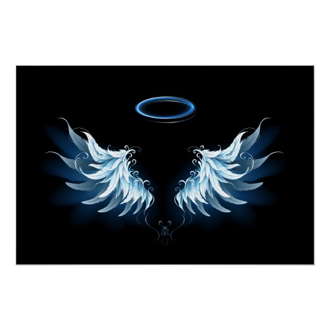 Poster Blue Glowing Angel Wings on black background (Devant)