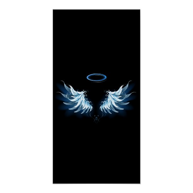 Poster Blue Glowing Angel Wings on black background (Devant)