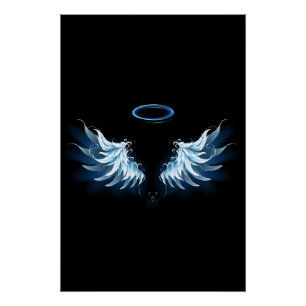 Poster Blue Glowing Angel Wings on black background