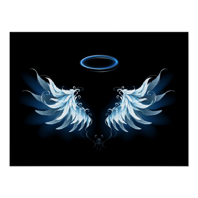 Poster Blue Glowing Angel Wings on black background (Devant)