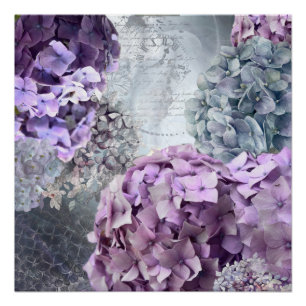 Poster Blue Grey Vintage floral Hydrangea Flower motif