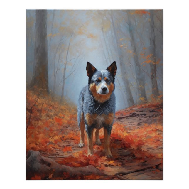 Poster Blue Heeler dans les feuilles d'automne automne au (Devant)