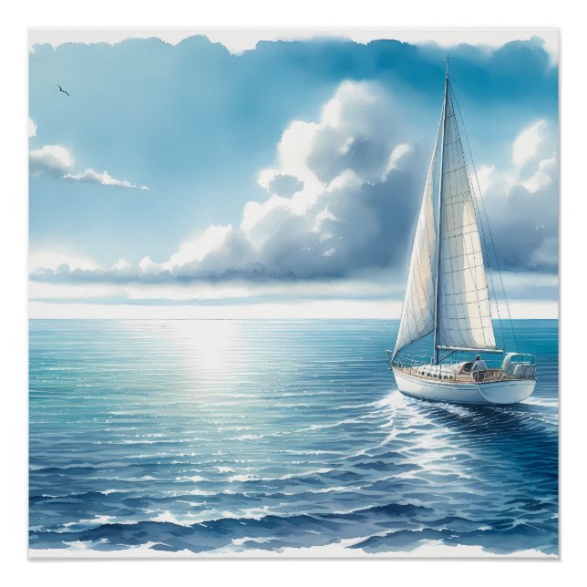 Poster Blue Horizon Solitary Sailboat (Devant)