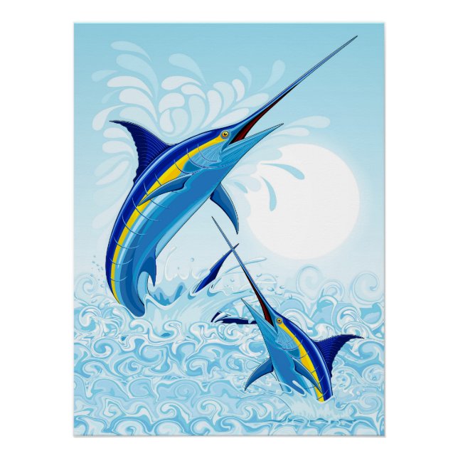 Poster Blue Marlin Jumping out of Ocean (Devant)