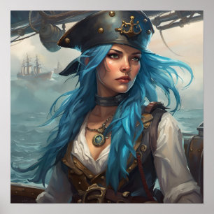 Poster - Blue Nautical Pirate Pin-Up Girl AI Image