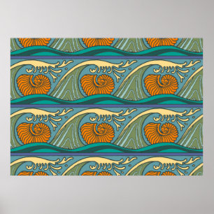 Poster Blue Ocean Waves Nautilus Seashell Motif Nouveau